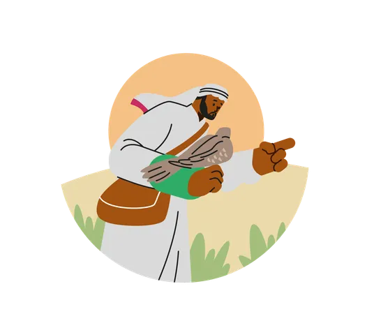 Falconry with man engaged in sport of falconry with trained raptor bird  Illustration