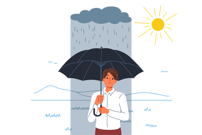 Falha e falha na ignição assombram homem parado com guarda-chuva na chuva, localizado em área ensolarada  Ilustração