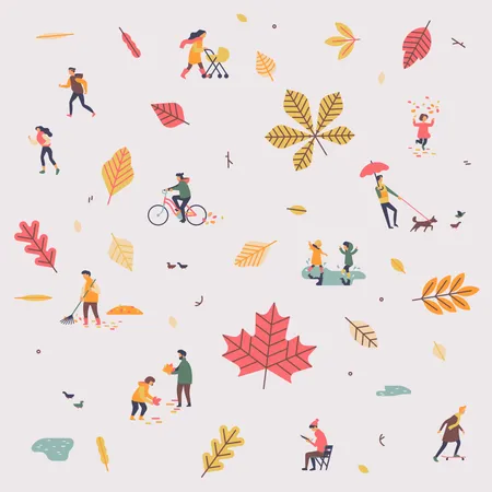 Fall or autumn season with falling leaves and people enjoy their time outdoors  Illustration