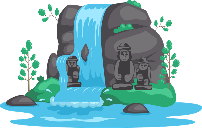 Fallender Wasserfall mit Skulptur  Illustration