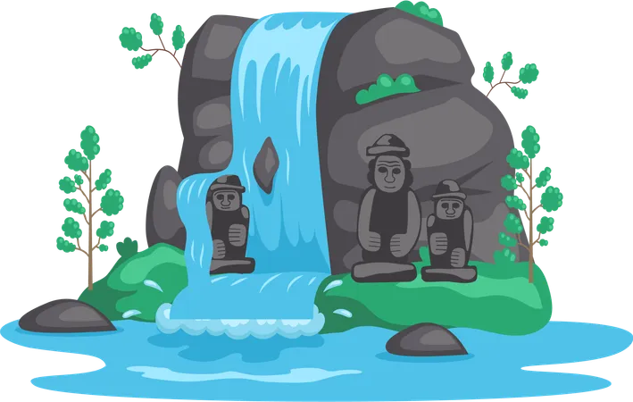 Fallender Wasserfall mit Skulptur  Illustration