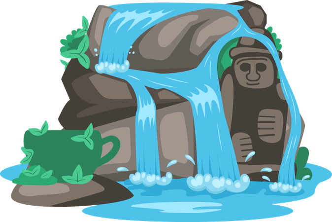 Fallender Wasserfall mit Skulptur  Illustration