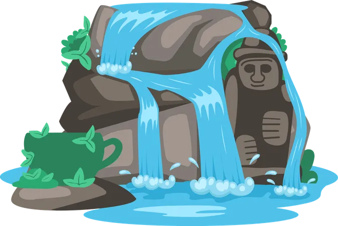 Fallender Wasserfall mit Skulptur  Illustration