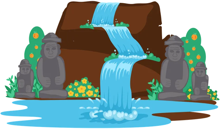 Fallender Wasserfall mit Skulptur  Illustration