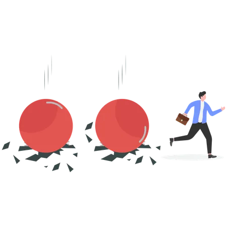 Falling boulder about to hit escaping businessman  Illustration