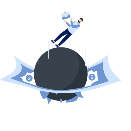 Falling Businessman with Briefcase Above a Dark Sphere and Money Financial Crisis  Illustration