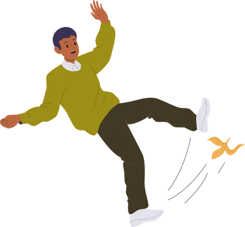 Falling man slipping on banana peel and lost balance  Illustration