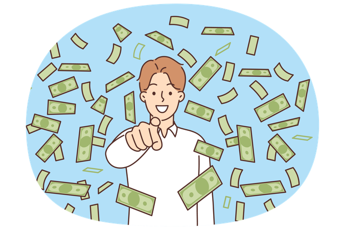 Falling money around smiling man pointing finger at screen inviting business training  Illustration