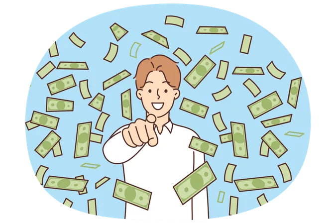 Falling money around smiling man pointing finger at screen inviting business training  Illustration