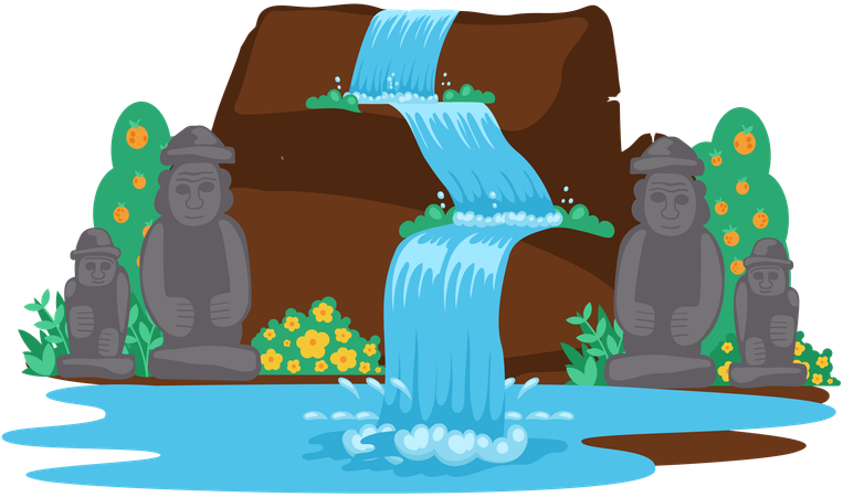 Falling waterfall with sculpture  Illustration