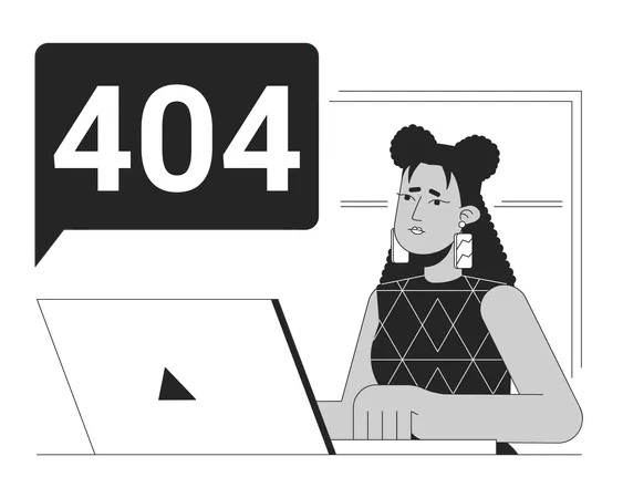 Fallo técnico para el mensaje flash 404 del error blanco y negro del trabajador remoto  Ilustración