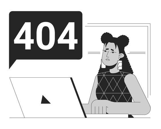 Fallo técnico para el mensaje flash 404 del error blanco y negro del trabajador remoto  Ilustración