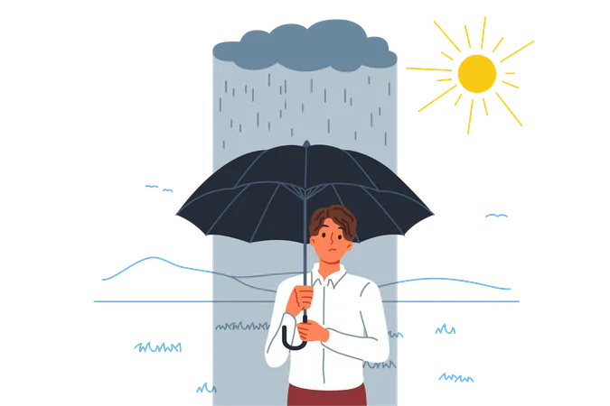 El fracaso y el fallo de encendido persiguen a un hombre de pie con un paraguas bajo la lluvia situado en una zona soleada  Ilustración