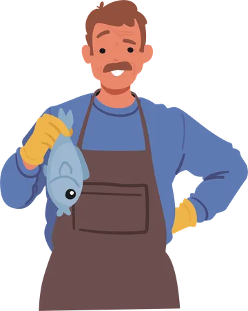 Farmer Character Smiling Broadly Stands In Apron With Arm Akimbo Holding Freshly Caught Fish Showcasing A Successful Blend Of Aquaculture And Agriculture Cartoon People Vector Illustration イラスト