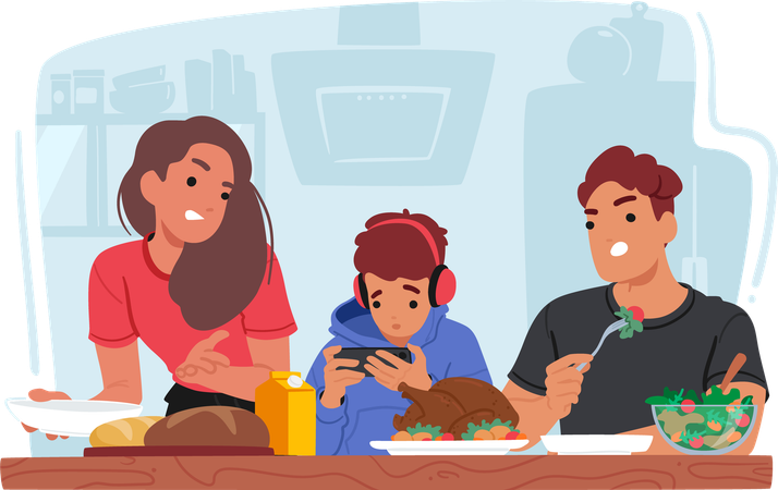 Família à mesa durante o jantar com adolescente usando telefone  Ilustração