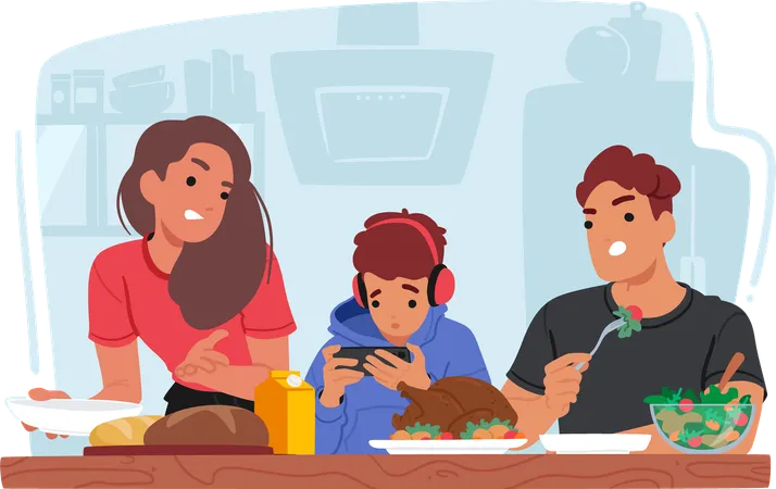 Família à mesa durante o jantar com adolescente usando telefone  Ilustração