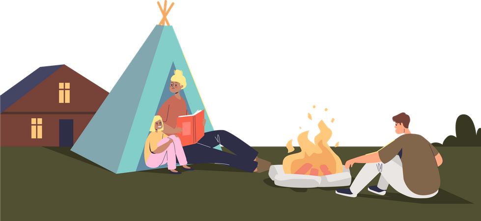 Família acampando no quintal do lado de fora de casa  Ilustração
