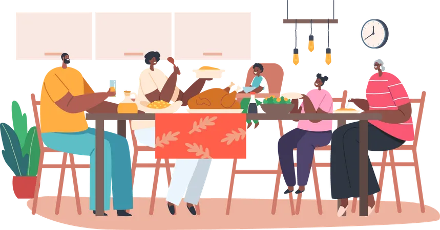 Familia africana cenando juntos  Ilustración