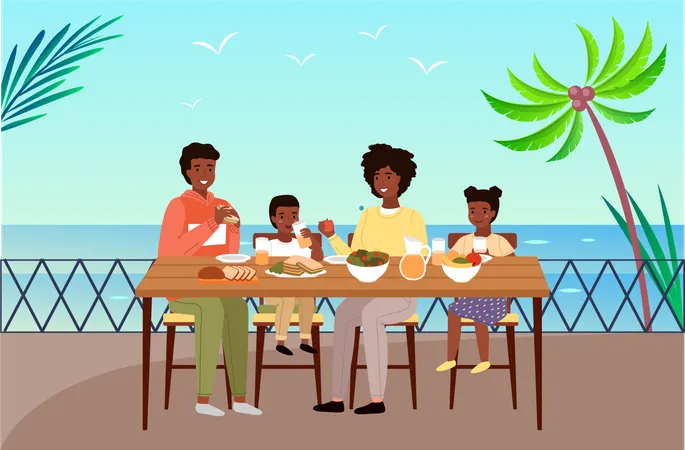 Família africana comendo alimentos frescos na praia  Ilustração