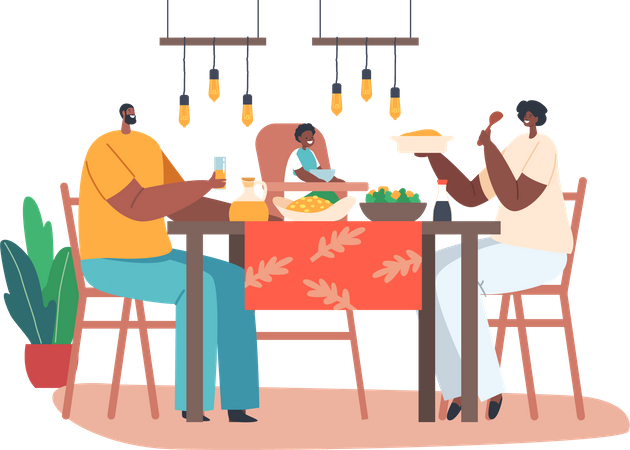 Família africana feliz jantando juntos  Ilustração