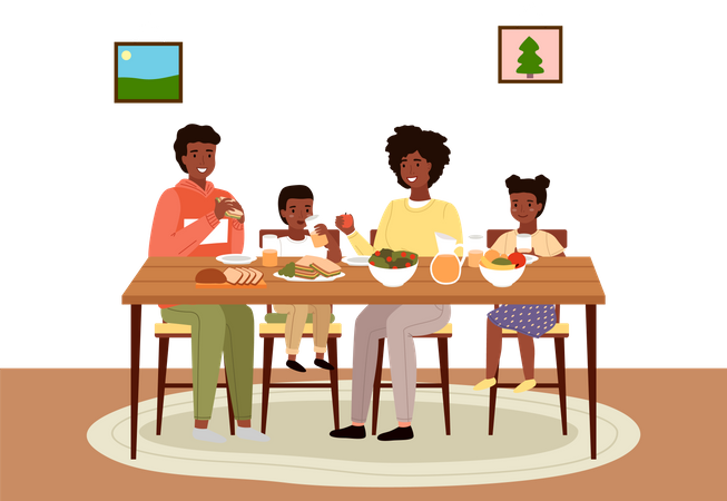 Família africana jantando na sala de jantar  Ilustração