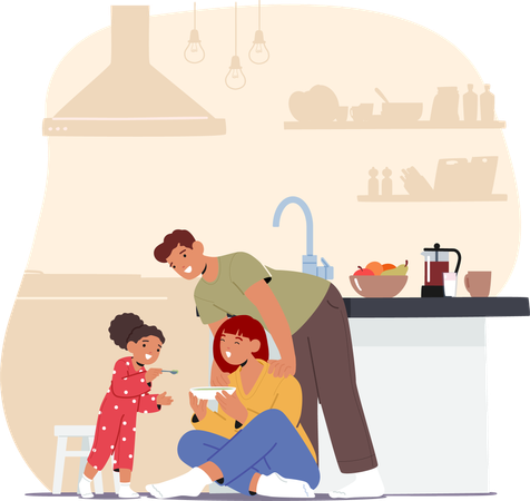 Família alegre com seu filho pequeno rindo na cozinha  Illustration