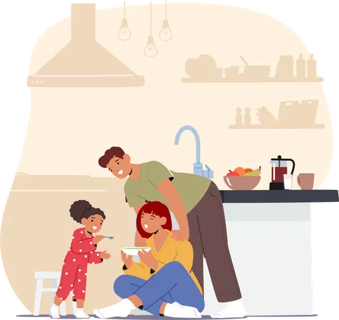 Família alegre com seu filho pequeno rindo na cozinha  Illustration