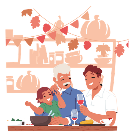 Familia alegre disfrutando juntos del Día de Acción de Gracias en la mesa de la cena  Ilustración