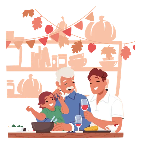 Familia alegre disfrutando juntos del Día de Acción de Gracias en la mesa de la cena  Ilustración