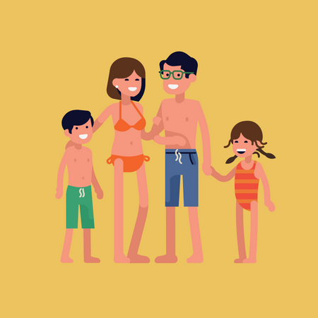 Família alegre pronta para se divertir na praia de verão  Ilustração