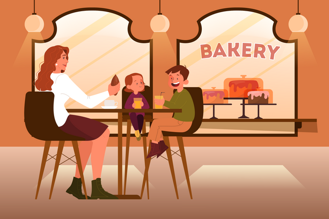 Familia almorzando en panadería  Ilustración