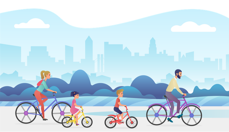 Família andando de bicicleta na cidade  Ilustração