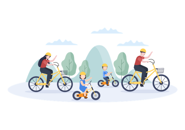 Família andando de bicicleta no parque  Ilustração