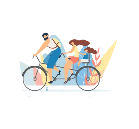 Família andando de bicicleta tandem  Ilustração