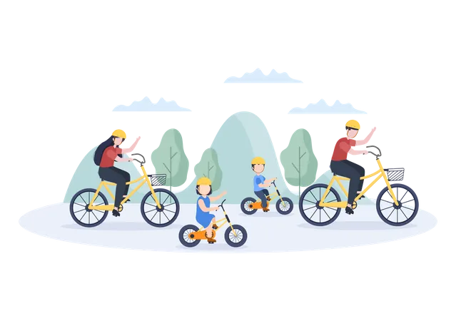 Familia, andar en bicicleta, en el parque  Ilustración