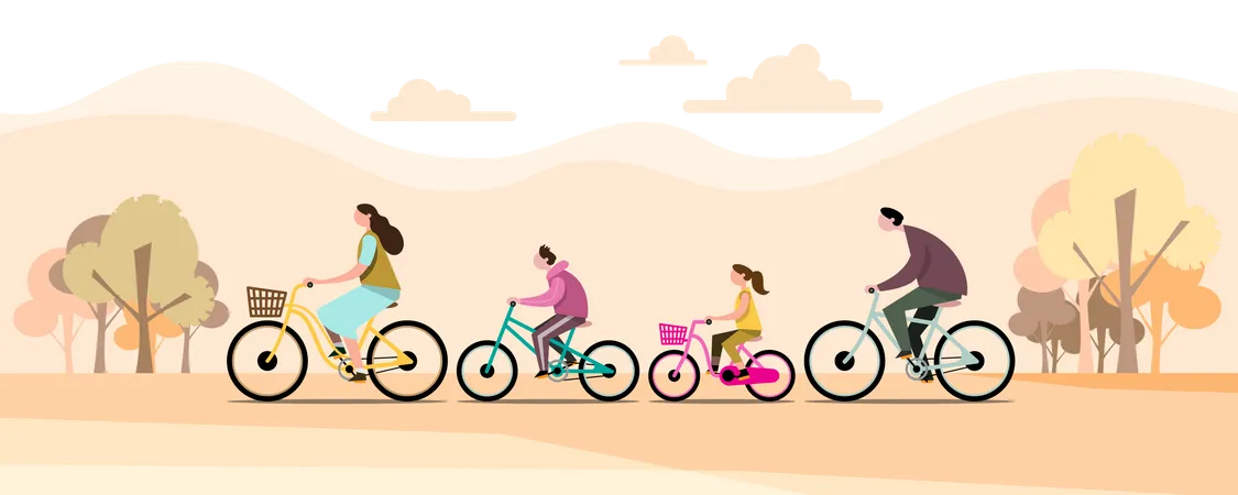Familias Felices Andando En Bicicleta En El Parque Concepto De Crianza Haga Ejercicio Por La Manana Personajes De Dibujos Animados Diseno Vectorial Plano Ilustración
