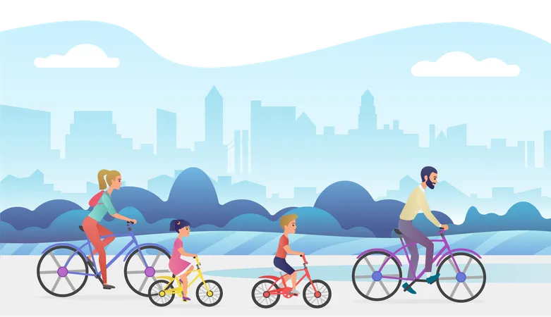 Familia montando en bicicleta en la ciudad  Ilustración