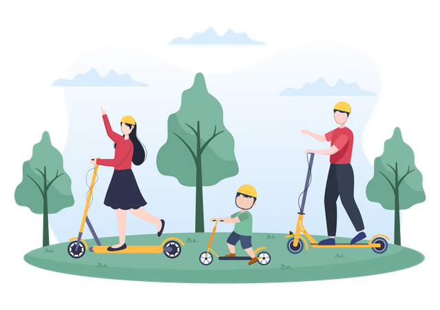 Família andando de scooter no parque  Ilustração