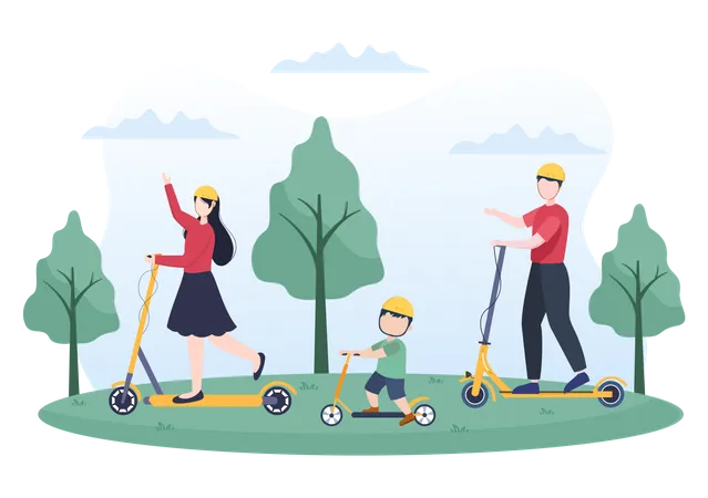 Família andando de scooter no parque  Ilustração