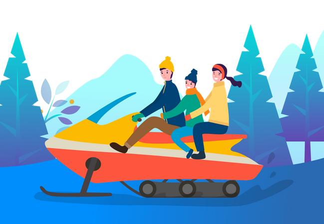 Família andando sentado em snowmobile  Ilustração