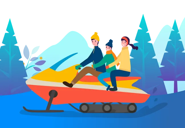 Família andando sentado em snowmobile  Ilustração