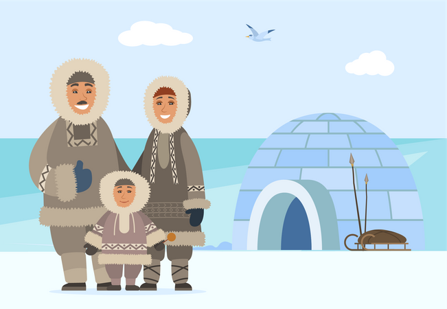 Família antiga vestindo roupas de inverno  Ilustração