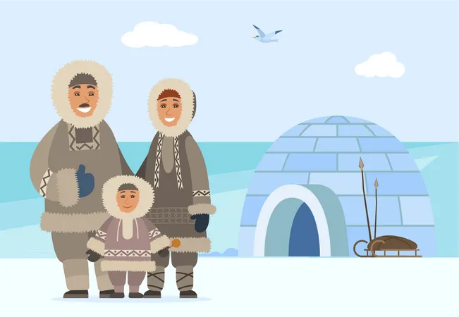 Familia antigua vistiendo ropa de invierno  Ilustración
