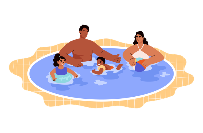 Família aproveitando o tempo na piscina  Ilustração