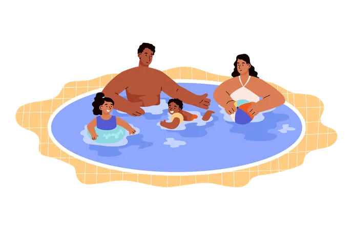 Família aproveitando o tempo na piscina  Ilustração