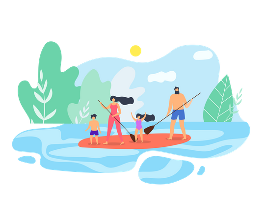 Família aproveita férias no lago  Ilustração