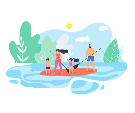 Família aproveita férias no lago  Ilustração