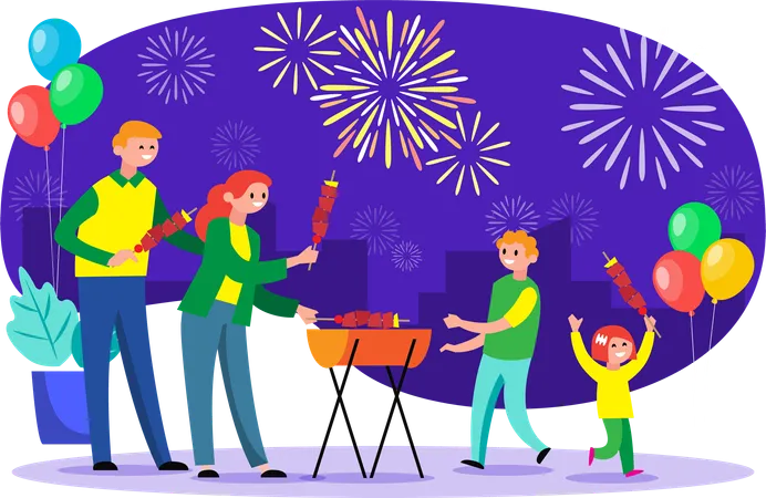 Família gosta de passar tempo juntos na festa de Ano Novo  Ilustração