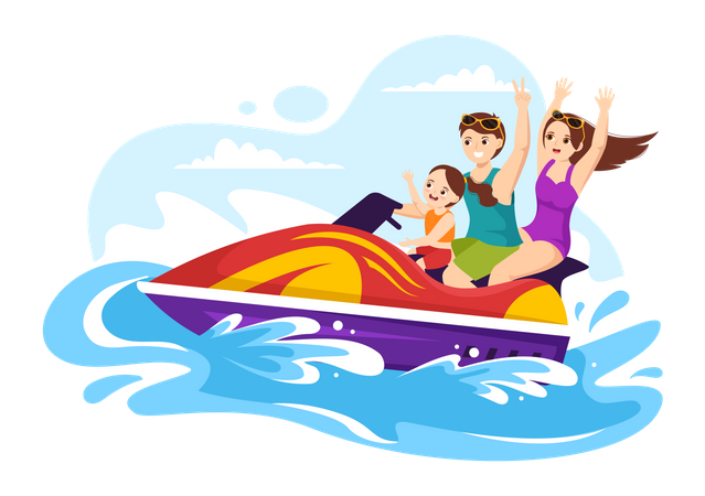 Família aproveita passeio de jet ski  Ilustração