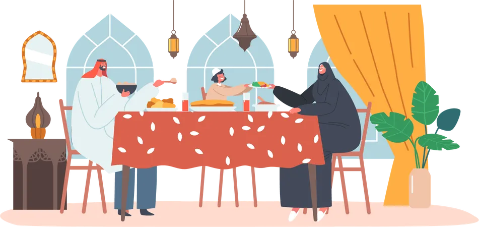 Familia árabe cenando juntos en la mesa  Ilustración